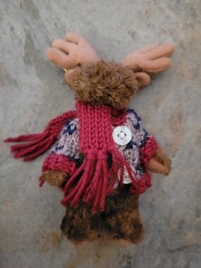 Bearington Plush Moose Ornament with Red Knit Scarf and Sweater